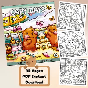 Capy Days – Cute Kawaii Capybara Coloring PDF - 32 Pages | Printable Animal Coloring Pages for Kids & Adults