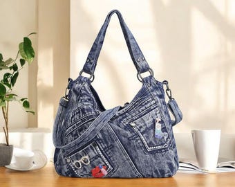 Bolso de hombro vaquero vintage: bolso de mano vaquero con lentejuelas y bordados