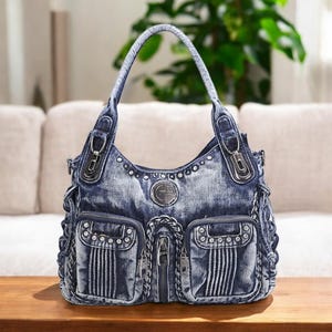 Bolso grande de mezclilla para mujer: bolso azul tejido, bolso bandolera informal con gran capacidad de almacenamiento.