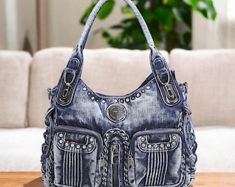 Bolso Hobo de Mezclilla Tejida: Bolso de Hombro Grande con Lentejuelas