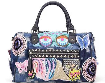 Bolso tote vaquero vintage para mujer: bolso de hombro azul informal, bolso grande de viaje con asa superior.