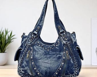 Bolso de hombro de mezclilla lavada: bolso bandolera grande de mezclilla con cadena