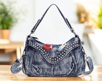 Bolso bandolera vaquero de moda para mujer: bolso azul informal, estilo motociclista, inspirado en un diseñador.