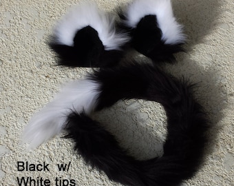 Black and White Kitty Cat Ears and Tail Set / Black and White Cat Ear Clips / Made in USA / Cosplay Cat Ears