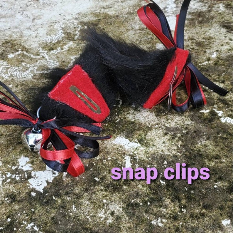 Black and Red Fuzzy Cat Ear Clips With Bow and Bell Earrings Etsy
