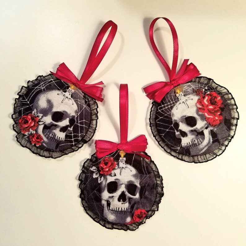 Black Holiday Ornament Collection Set of 3 Skulls and Roses Red