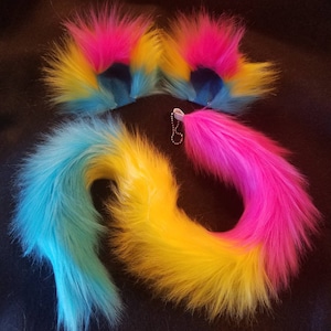 Pan Kitty Cat Ears Clip on / Barrettes / Pansexual Pride / with or without Kitty Cat tail / costume / cosplay / Pink Yellow Teal