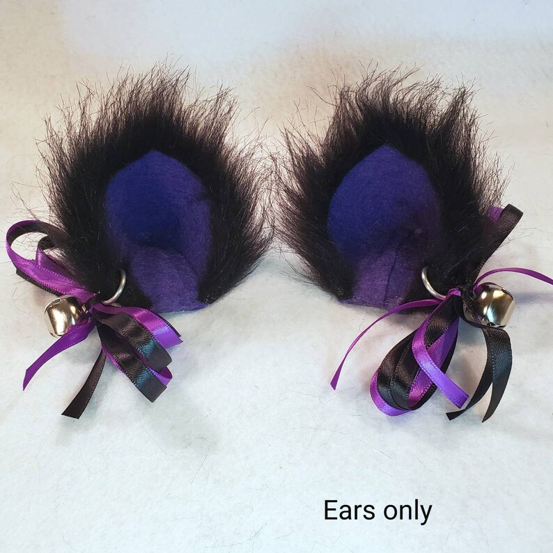 Black and Purple Fuzzy Cat Ear Clips with Bow and Bell with or Etsy