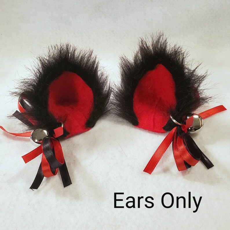 Black and Red Fuzzy Cat Ear Clips with Bow and Bell Earrings Etsy