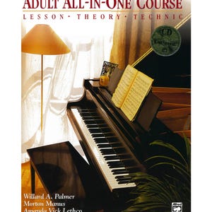 May include: A grand piano with a glossy black finish, open to display sheet music. The image includes a music book titled "ADULT ALL-IN-ONE COURSE" and a CD. A floor lamp and a window with curtains are in the background.