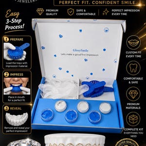 May include: A GlorySmile grill mould kit in a blue and white box containing blue dental impression trays, white gloves, and containers of impression material. Below the box sits a white dental model featuring gold-coloured teeth with stones.