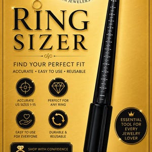 May include: A black tapered ring sizer tool with white numerical markings from 1 to 15. The gold background features text including AJS Atlanta Jewelers Supply, Ring Sizer, Find Your Perfect Fit, Accurate US Sizes 1-15, and Measure Once, Wear Forever.