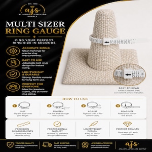 Peut inclure: Une jauge de bagues multi-tailles avec des marquages clairs pour des mesures précises. La conception réglable de type ceinture est légère et durable. La jauge est présentée sur une surface en tissu beige. Le texte sur la jauge indique "Trouvez votre taille de bague parfaite en quelques secondes."