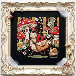 Ladybug Postman Cross Stitch Pattern PDF | Mushroom House Embroidery | Whimsical Storybook Fantasy Design