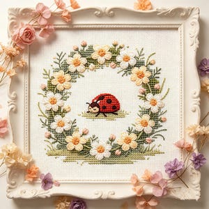 Kawaii Ladybug Floral Wreath Cross Stitch Pattern PDF – Cute Insect Surrounded by Flowers, Cottagecore Embroidery