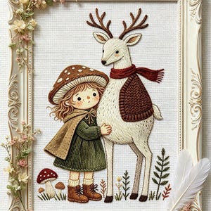 Könnte beinhalten: Gestickte Kunst in einem weißen, verzierten Rahmen. Das Bild zeigt ein Mädchen mit einem Pilzhut und einen Hirsch mit Schal und Pullover. Der Rahmen ist mit floralen Akzenten verziert. Das Kunstwerk ist ein skurriles Stück zum Thema Natur.