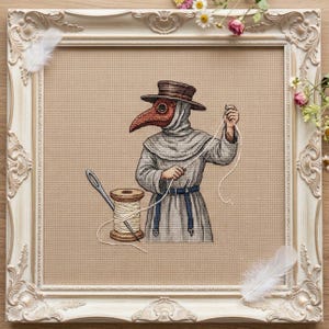 Plague Doctor Cross Stitch Pattern, Sewing Cross Stitch, Needle and Thread, Thread Spool, Vintage Needlework PDF