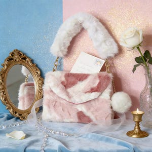 Plush Handbag Style Journal – Soft Faux Fur Notebook with Pom Pom, Pastel Cute Aesthetic Diary