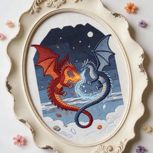 Könnte beinhalten: Kreuzstich-Kunstwerk von zwei Drachen, einem roten und einem blauen, die sich gegenüberstehen. Der rote Drache speit Feuer, während der blaue Drache Eis speit. Der Hintergrund zeigt einen Nachthimmel mit einer Bergkette, Sternen und einem Mond. Das Kunstwerk ist in einem ovalen, weißen Rahmen gefasst.