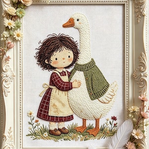 Könnte beinhalten: Gesticktes Kunstwerk eines Mädchens, das eine Gans umarmt, in einem weißen, verzierten Rahmen. Das Mädchen trägt ein rot kariertes Kleid und eine Schürze. Die Gans hat einen grünen Pullover an. Blumige Akzente und eine Feder sind enthalten.