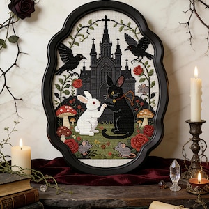 Könnte beinhalten: Ein gerahmtes Kreuzstichbild mit einer schwarzen Katze und einem weißen Kaninchen, die sich vor einer gotischen Kathedrale an den Händen halten. Das Kunstwerk zeigt Krähen, Rosen, Pilze und Mäuse, alles in einem schwarzen, verzierten Rahmen. Die Farbpalette ist hauptsächlich Schwarz, Weiß, Rot und Grün.