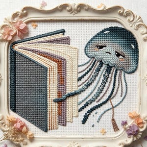 Book Lover Jellyfish Cross Stitch Pattern PDF – Cute Kawaii Sea Creature Reading, Cozy Fantasy Embroidery DesignDownload