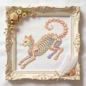 Pastel Rococo Skeleton Cat Cross Stitch Pattern PDF | Whimsical Gothic Embroidery | Vintage Fantasy Needlework