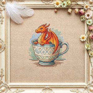 Rococo Dragon Cross Stitch Pattern PDF | Coffee Cup Dragon Embroidery Pattern | Vintage Cottagecore Fantasy Design