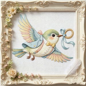 Könnte beinhalten: Ein gerahmtes Kreuzstichbild eines Vogels im Flug, mit blauem Jackett und Fliege, der einen goldenen Ring mit blauem Band trägt. Der Vogel hat pastellfarbene Flügel und ist vor einem weißen Hintergrund platziert. Der Rahmen ist verziert und cremefarben, mit floralen Akzenten.