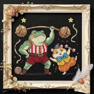 Strongman Frog and Squirrel Cross Stitch Pattern PDF | Vintage Circus Embroidery | Carnival Performer Needlework