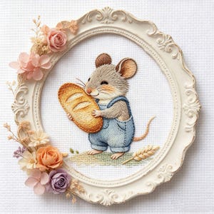 Könnte beinhalten: Gesticktes Kunstwerk einer lächelnden Maus in Jeans-Latzhose, die ein Brot hält, in einem weißen, verzierten ovalen Rahmen. Der Rahmen ist mit pastellfarbenen Blumen verziert. Der Hintergrund ist weiß.