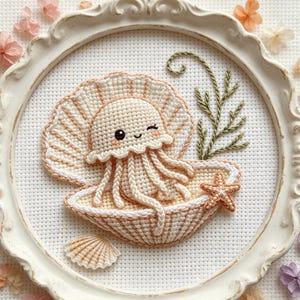 Relaxing Jellyfish Cross Stitch Pattern PDF – Cute Kawaii Sea Creature in Shell Chair, Cozy Ocean Fantasy Embroidery Design