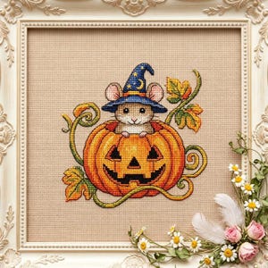 Halloween Mouse Cross Stitch Pattern PDF | Pumpkin Mouse Embroidery Pattern | Spooky Cute Autumn Fantasy Design