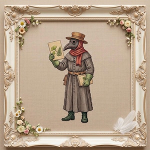 Könnte beinhalten: Eine Kreuzstichstickerei einer Pestdoktor-Figur mit braunem Hut, rotem Schal und langem grauen Mantel. Die Figur hält eine botanische Illustration von Blättern und ein Buch, gerahmt in einem verzierten, cremefarbenen Rahmen mit Blumenakzenten.