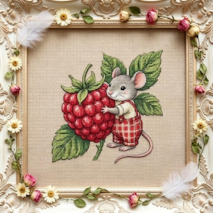 May include: A cross-stitch embroidery featuring a grey mouse wearing red and white plaid overalls, standing next to a large red raspberry with green leaves. The artwork is set within an ornate, cream-colored frame decorated with small flowers and white feathers.