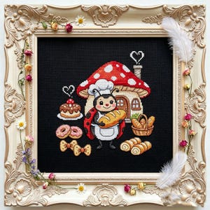 Mushroom House Cross Stitch Pattern PDF | Ladybug Baker Embroidery Chart | Cottagecore Fairytale Fantasy Design