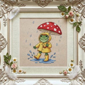 Frog Cross Stitch Pattern PDF | Mushroom Umbrella Frog Embroidery Pattern | Woodland Rain Cottagecore Design