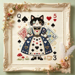 Könnte beinhalten: Kreuzstich-Kunstwerk einer Katze als Pik-Dame, gerahmt mit floralen Akzenten. Die Katze trägt ein blaues Kleid mit Herz- und Pik-Details. Spielkartensymbole und Zahlen sind ebenfalls im Design enthalten.