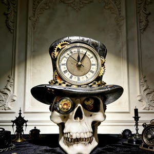 Könnte beinhalten: Eine Steampunk-Schädel-Skulptur mit einer Uhr, die in einen Zylinder integriert ist. Der Schädel hat mechanische Okularstücke und Zahnräder. Das Zifferblatt hat römische Ziffern und schwarze Zeiger. Die Skulptur steht auf einer schwarzen Oberfläche.