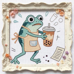 Cottagecore Overworked Frog Cross Stitch Pattern PDF Funny Bubble Tea Animal Embroidery Chart Cute Daily Life Stitch Design Instant Download