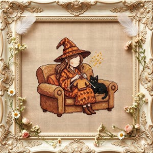 Wizard Cross Stitch Pattern PDF | Knitting Wizard and Black Cat Embroidery | Cozy Fantasy Design