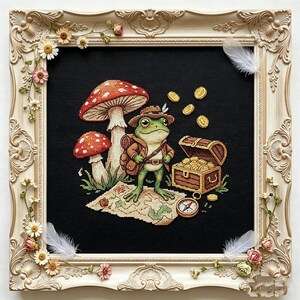 Frog Cross Stitch Pattern PDF | Mushroom Forest Adventure Embroidery Chart | Cottagecore Fairytale Woodland Design | Instant Download