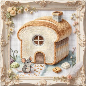 Könnte beinhalten: Eine Kreuzstichstickerei, die ein Haus in Form eines Brotlaibs mit kleinem Schornstein, rundem Fenster und brauner Bogentür zeigt. Eine kleine graue Maus steht vor dem Haus auf hellblauem Grund, eingefasst in einem verzierten cremefarbenen Rahmen.
