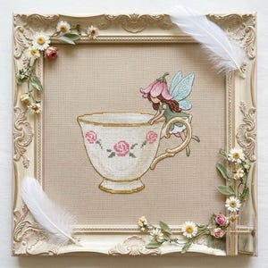 Afternoon Tea Fairy Cross Stitch Pattern PDF | Fuchsia Flower Embroidery | Vintage English Cottage Tea Design