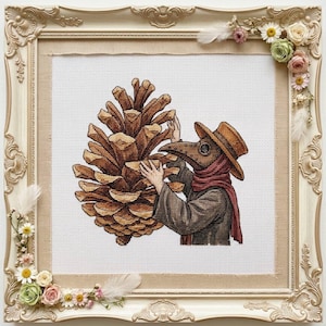 Plague Doctor Cross Stitch Pattern, Pinecone Cross Stitch, Woodland Embroidery, Forest Decor, Rustic Pattern, PDF