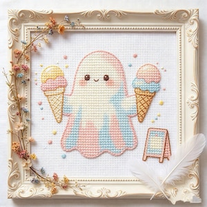 May include: Cross-stitch artwork of a friendly ghost holding ice cream cones, set in a white ornate frame. The ghost is pastel pink, blue, and cream. A small sign and floral accents complete the design.