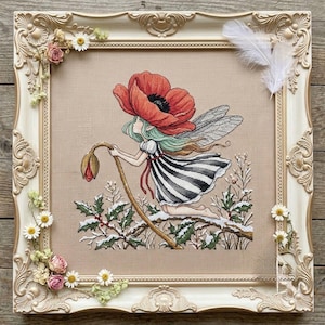 Poppy Fairy Cross Stitch Pattern PDF | Wildflower Embroidery | Dark Circus Fantasy Botanical Design