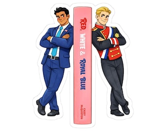 Può includere: Un adesivo con due uomini illustrati appoggiati a un libro rosa intitolato "Red, White & Royal Blue" di Casey McQuiston. Un uomo indossa un abito blu, l'altro una giacca in stile militare rossa e nera.