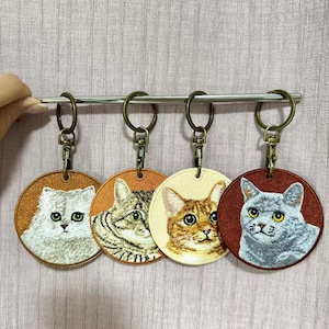 May include: Four circular keyrings featuring embroidered cat portraits. The keyrings depict a grey Persian, a tabby, a ginger cat, and a grey cat. Each keyring is attached to a metal bar, showcasing a variety of feline breeds.
