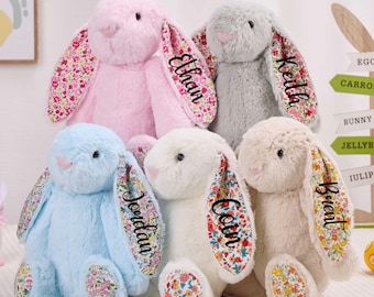 Personalized Easter Bunny Plush, Floral Ears, Baby Shower Gift